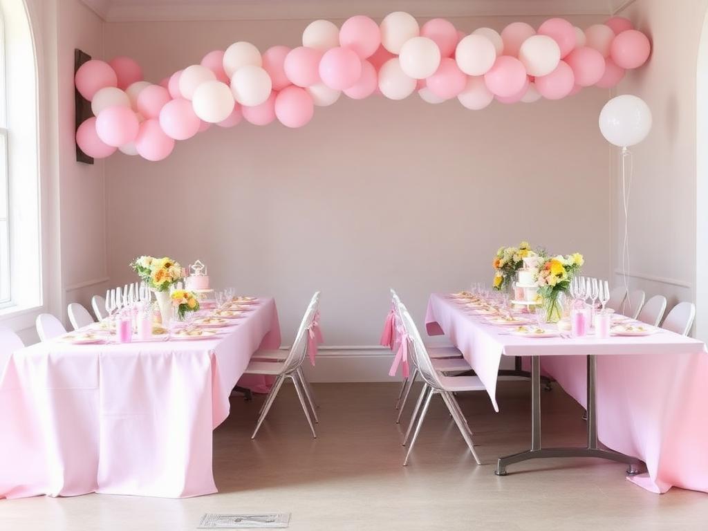 Two combined activity tables at a pastel pink celebration