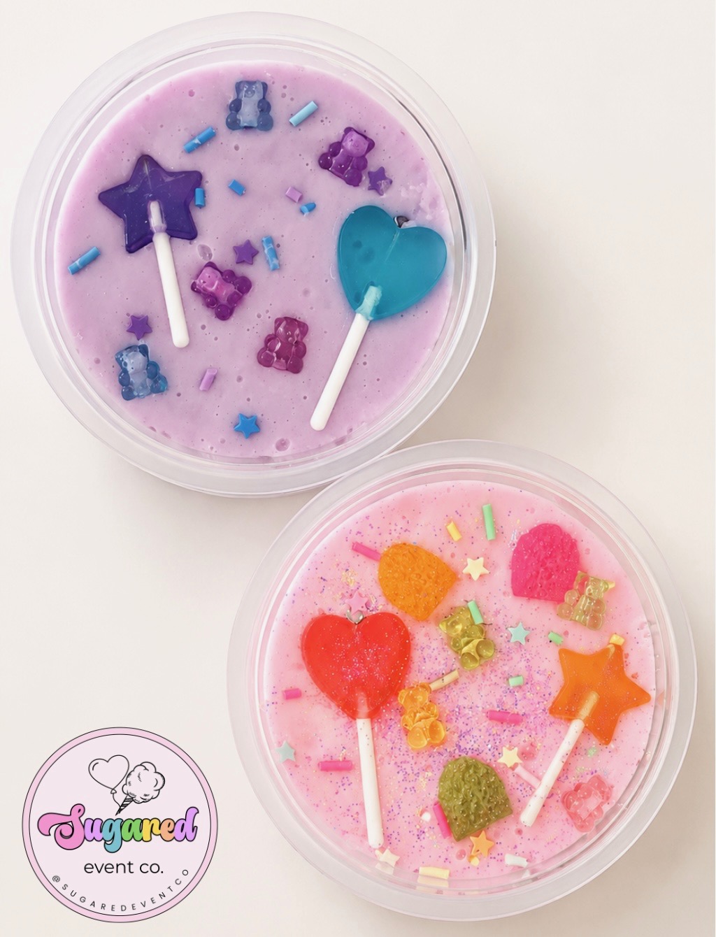 Colorful sensory jars topped with lollipops, gummy bears, stars, and sprinkles